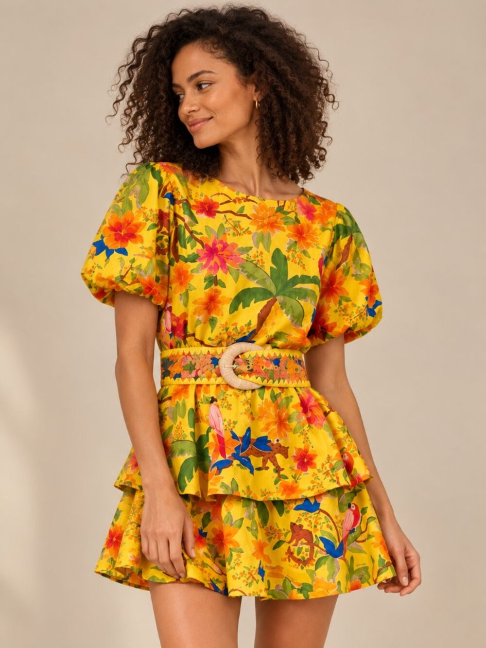 FARM RIO Belted Tiered Mini Dress